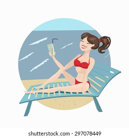 Pretty lady sitting and drinking lemonade. Vector cartoon illustration.