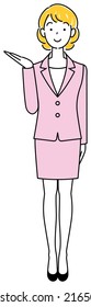 Mujer guapa con traje sonriendo, señalando y haciendo presentaciones. Ilustración de pie de cuerpo completo Vector