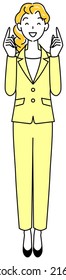 A pretty lady in a suit who comes up with a good idea and is happy to point her finger at it. Full body standing illustration Vector