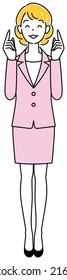 A pretty lady in a suit who comes up with a good idea and is happy to point her finger at it. Full body standing illustration Vector
