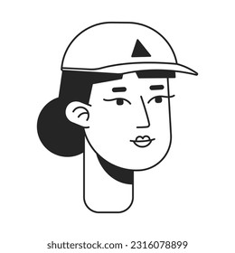 Pretty lady wearing fashionable baseball cap monochrome flat linear character head. Summertime. Editable outline hand drawn human face icon. 2D cartoon spot vector avatar illustration for animation