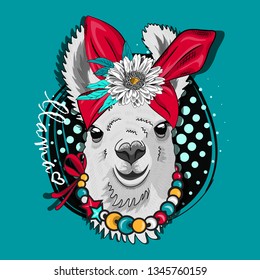 Pretty lama with flower, necklace and red turban. Hand drawn illustration of dressed llama. Vector illustration.
