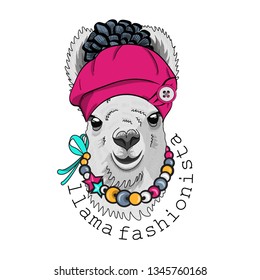 Pretty lama with necklace and pink hat . Hand drawn illustration of dressed llama. Vector illustration.