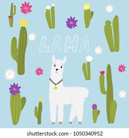 Pretty lame set of objects. Collection design elements with llama, cactus, lovely flowers. Vector. Cartoon.