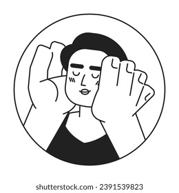 Pretty latina hands on cheeks smiling black and white 2D vector avatar illustration. Adult hispanic lady cupping face happily outline cartoon character face isolated. In love flat user profile image