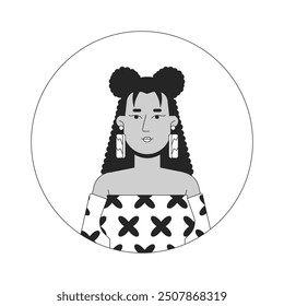 Pretty latina woman in bare shoulder top black and white 2D vector avatar illustration. Hispanic young female outline cartoon character face isolated. Corporate casual flat user profile image portrait