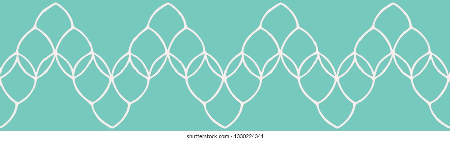Pretty leaf loop mesh border. Seamless repeating. Hand drawn trendy net vector illustration. Stylized interlocking petal leaves on teal green ribbon trim. Spring fashion, retro line art home decor.
