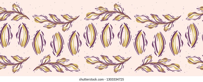 Pretty leaves border. Seamless repeating. Hand drawn vector illustration. Sketchy leaf branch lineart in decorative mustard yellow pink banner ribbon. For botanical summer garden trim.