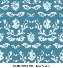 Pretty leaves drawing pattern. Seamless repeating. Hand drawn vector illustration. Sketchy leaf seedpod lineart in decorative white teal color. For botanical summer garden home decor, fashion print.