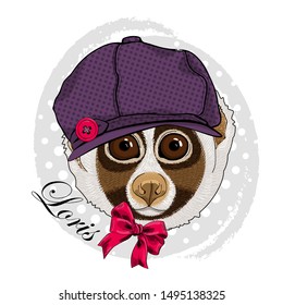 Pretty lemur with glasses, scarf and hat. Hand drawn illustration of dressed loris. Vector illustration. 