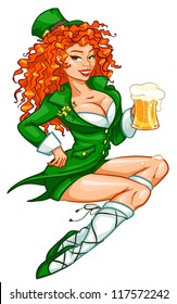 Pretty leprechaun girl with beer, St. Patrick's Day girl isolated
