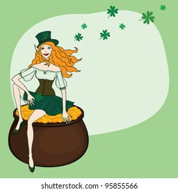 Pretty leprechaun girl in green with clover leaf in her hand sitting on pot of gold on green background