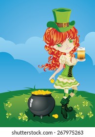Pretty leprechaun girl on grass field, St. Patrick's Day illustration.