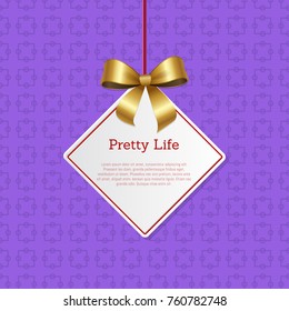 Pretty life hanging on knit label with tag place for your text vector illustration isolated on purple background with squares, holiday sales concept
