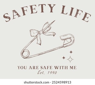 Pretty life, Safety pin graphic print design. Bow tie with Safety pint shirt design for girl, ladies and women,  Love you more artwork. Bow knot hand drawing artwork.