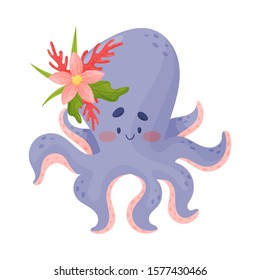 Pretty Lilac Animated Baby Octopus Vector Illustration Cartoon Character