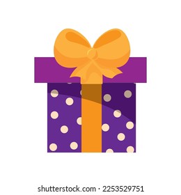 A pretty lilac gift box with white dots and orange ribbon, a present icon, a gift symbol