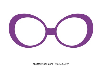 Pretty lilac glasses template, colorful poster, vector illustration isolated on white background, rounded spectacles without glass, simple sketch