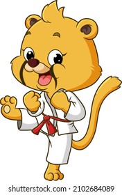 The pretty lion is doing the karate and showing the skill of illustration