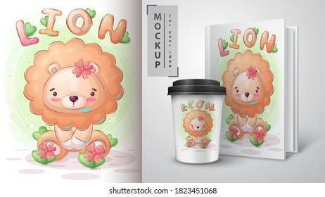 Pretty lion poster and merchandising. Vector eps 10