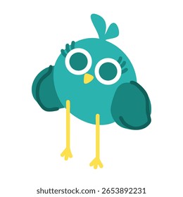 Mascote de personagens de desenhos animados de passarinho. Pássaro ciano com penas largas e cílios exagerados. Adesivo ou ícone feminino. Companheiro de estimação aviário. Turquesa animal com asas e bico. EPS 10.