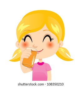 Pretty little blond girl drinking orange juice