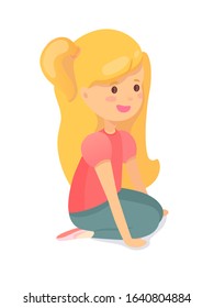 Pretty little blond girl with long hair sitting on floor. Preschooler or schoolgirl listening fairy tale. Happy smiling positive child character isolated on white background. Vector illustration