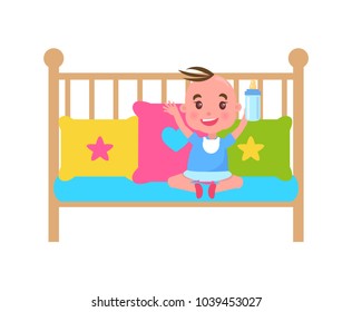 Pretty little boy in cute crib, color template isolated on white background three colorful pads with stars, kid keeping blue bottle with nipple on top