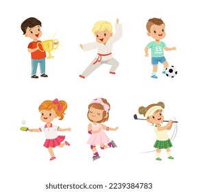 Pretty Little Boy and Girl Playing Sport Game Like Football, Golf, Roller Skating, Tennis and Karate Vector Set