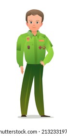 Pretty little boy in scout uniform with badges. Cheerful guy. Standing pose. Cartoon flat design in comic style. Single character. Illustration isolated on white background. Vector.