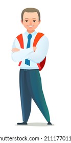 Pretty little boy student. Cheerful schoolboy. Standing pose. Cartoon flat design in comic style. Single character. Illustration isolated on white background. Vector.