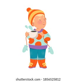 Pretty Little Boy in Warm Hat and Knitted Sweater Holding Cup with Hot Drink Vector Illustration