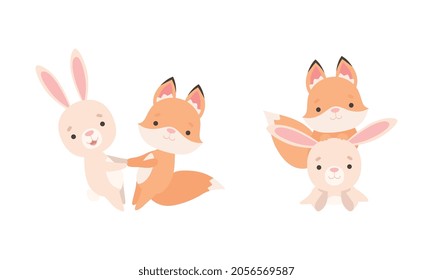 Pretty Little Bunny and Fox Cub Playing Together as Best Friends Vector Set