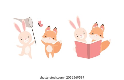 Pretty Little Bunny and Fox Cub Playing Together as Best Friends Vector Set