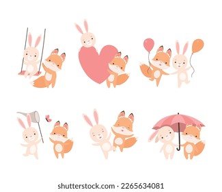 Pretty Little Bunny and Fox Cub Playing Together as Best Friends Vector Set