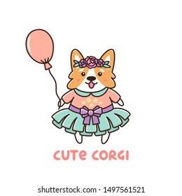 Pretty little dog breed welsh corgi in a tutu, with a wreath and a balloon. It can be used for sticker, patch, phone case, poster, t-shirt, mug and other design.