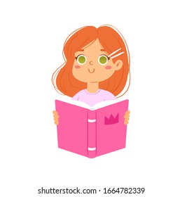 Pretty little European girl holding book in hands. Cute smart kid loving to read books, enjoying literature and study. Cartoon vector illustration of reading child isolated on white background.