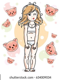 Pretty little fair-haired girl in underwear standing on animals background. Vector pretty nice human illustration. 