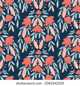 Pretty little flowers swaying in the wind as a chandelier in bright palette of pink, blue and peach on navy blue background. Cute floral seamless vector pattern. Great for homedecor, fabric, wallpaper