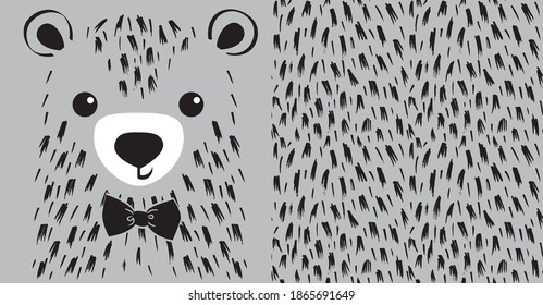 Pretty little fluffy bear. Texture of wool seamless pattern. Set prints for kids clothes.