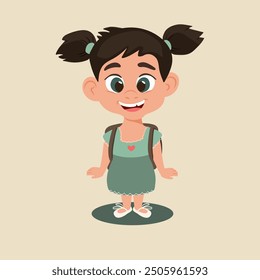 Pretty little girl in a beautiful blue dress with a small backpack on her back. Vector illustration with positive vibrations. Smile, joy and happiness. Ready to learn. Poster cover concept