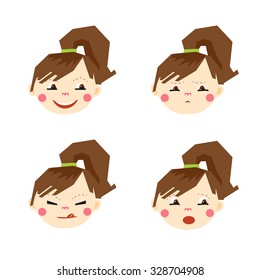 Pretty little girl. The effect is cut with scissors/ applique. Smiley little pretty girl. Facial expressions: happy, sad, surprised, cunning with tongue hanging out. Vector illustration 
