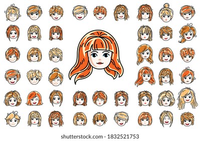 Pretty little girl faces and hairstyles heads vector illustrations set isolated on white background, girl happy attractive beautiful faces avatars collection with different haircuts.