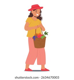 Pretty little girl farmer cartoon character carrying basket with seasonal garden fruits crop isolated on white background. Female kid gardener holding natural food harvest vector illustration