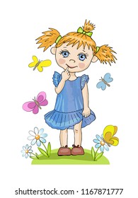 Pretty little girl with funny pigtails, dressed in blue, standing on the grass. Chamomiles and butterflies around. Vector cartoon illustration, isolated.