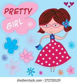 pretty little girl in glasses with flowers and hearts vector illustration