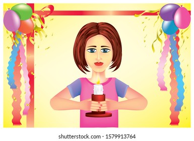 Pretty little girl holding candle lamp for anniversary celebration concept in vector illustration