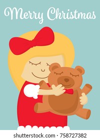 Pretty little girl hugging her teddy bear, Little girl got the cute teddy bear for Christmas gift, Merry Christmas and Happy New Year