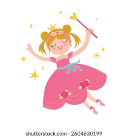 Pretty little girl with magic wands. Cute fairy on a pink dress with stars. Vector illustration on a white background.