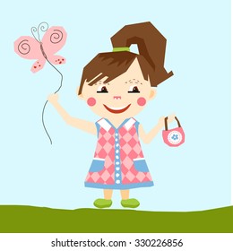 Pretty little girl on the landscape. The effect is cut with scissors. Drawn upright. Dressed in a dress, shoes. Hands holding bag. Hair tied a rubber band. Near flying butterfly. Sky/green grass
